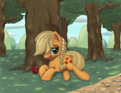 Size: 3300x2550 | Tagged: safe, artist:midwestbrony, imported from derpibooru, applejack, earth pony, pony, alternate hairstyle, apple, braid, cute, female, food, forest, hatless, high res, jackabetes, mare, missing accessory, prone, solo, tree