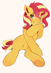 Size: 2481x3508 | Tagged: safe, artist:ginjallegra, imported from derpibooru, sunset shimmer, pony, unicorn, belly fluff, chest fluff, cute, ear fluff, female, looking at you, mare, one eye closed, shimmerbetes, simple background, smiling, solo