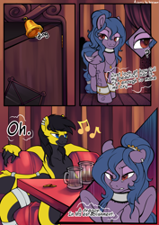 Size: 2893x4092 | Tagged: safe, artist:breioom, imported from derpibooru, oc, oc only, oc:bangtail, oc:jet brasshide, dracony, dragon, hybrid, pegasus, pony, comic:exception to the rule, alcohol, comic, duo, piercing, racism