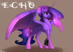 Size: 1024x732 | Tagged: safe, artist:backlash91, imported from derpibooru, oc, oc only, oc:echo (the chrysalis), alicorn, pony, fallout equestria, fanfic:fallout equestria: the chrysalis, alicorn oc, artificial alicorn, brown background, ethereal mane, fanfic, fanfic art, horn, pipbuck, purple alicorn (fo:e), simple background, solo, starry mane