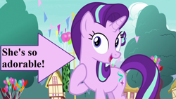 Size: 1280x720 | Tagged: safe, edit, edited screencap, imported from derpibooru, screencap, starlight glimmer, pony, unicorn, triple threat, arrow, balloon, cute, female, glimmerbetes, mare, open mouth, ponyville, raised hoof, solo, text, truth