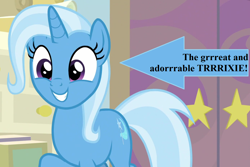 Size: 1386x924 | Tagged: safe, edit, edited screencap, imported from derpibooru, screencap, trixie, pony, student counsel, arrow, captain obvious, cropped, cute, diatrixes, female, school of friendship, solo, text