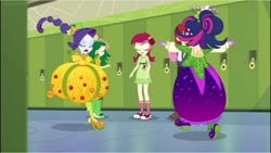 Size: 749x421 | Tagged: safe, imported from derpibooru, screencap, rarity, roseluck, sci-twi, twilight sparkle, equestria girls, equestria girls series, holidays unwrapped, spoiler:eqg series (season 2), cornucopia costumes, female, inflatable dress, o come all ye squashful