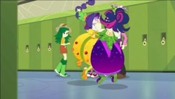 Size: 748x421 | Tagged: safe, imported from derpibooru, screencap, nolan north, rarity, sci-twi, sweet leaf, twilight sparkle, equestria girls, equestria girls series, holidays unwrapped, spoiler:eqg series (season 2), clothes, cornucopia costumes, cropped, inflatable dress, o come all ye squashful, shoes