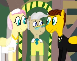 Size: 1008x793 | Tagged: safe, artist:sb1991, imported from derpibooru, fluttershy, mayor mare, oc, oc:film reel, pegasus, pony, canon x oc, clothes, dress, fanfic art, link in description, marriage, ring, sweet feather sanctuary, wedding, wedding dress, wedding ring, wedding suit