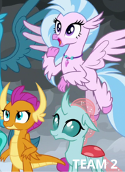 Size: 410x560 | Tagged: safe, edit, edited screencap, imported from derpibooru, screencap, gallus, ocellus, sandbar, silverstream, smolder, changedling, changeling, griffon, hippogriff, the ending of the end, cropped, cute, diaocelles, diastreamies, group, offscreen character, quartet, smolderbetes, text, trio focus