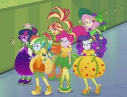 Size: 749x569 | Tagged: safe, imported from derpibooru, screencap, fluttershy, pinkie pie, rainbow dash, rarity, sci-twi, sunset shimmer, twilight sparkle, equestria girls, equestria girls series, holidays unwrapped, spoiler:eqg series (season 2), cornucopia costumes, cropped, inflatable dress, o come all ye squashful