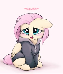 Size: 908x1071 | Tagged: safe, alternate version, artist:buttersprinkle, imported from derpibooru, fluttershy, pegasus, pony, alternate hairstyle, blushing, buttersprinkle is trying to murder us, clothes, cute, female, floppy ears, fluttersquee, hoodie, mare, open mouth, short hair, shyabetes, sitting, solo, squeak, squee, weapons-grade cute