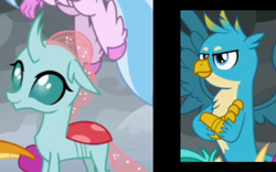 Size: 1280x800 | Tagged: safe, deleted from derpibooru, edit, edited screencap, imported from derpibooru, screencap, gallus, ocellus, sandbar, silverstream, smolder, changedling, changeling, dragon, griffon, hippogriff, pony, the ending of the end, cropped