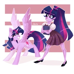 Size: 1080x1080 | Tagged: safe, artist:ariamidnighters, artist:midnight-bats, imported from derpibooru, twilight sparkle, alicorn, unicorn, equestria girls, book, clothes, cutie mark, female, high heels, looking at each other, mare, miniskirt, pleated skirt, ponytail, school uniform, schoolgirl, self ponidox, shoes, skirt, smiling, spread wings, twilight sparkle (alicorn), twolight, wings