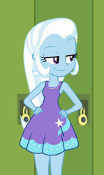Size: 544x911 | Tagged: safe, edit, edited screencap, imported from derpibooru, screencap, trixie, equestria girls, equestria girls series, forgotten friendship, canterlot high, clothes, cropped, cute, diatrixes, dress, female, hallway, hand on hip, lidded eyes, lockers, raised eyebrow, smiling, smirk, smug, solo
