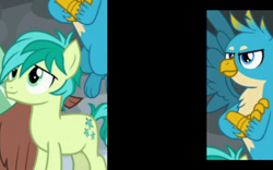 Size: 1280x800 | Tagged: safe, deleted from derpibooru, edit, edited screencap, imported from derpibooru, screencap, gallus, sandbar, yona, griffon, hippogriff, yak, the ending of the end, cropped