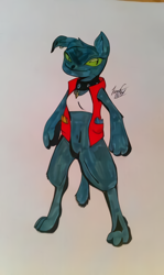 Size: 448x750 | Tagged: safe, artist:lucas_gaxiola, imported from derpibooru, oc, oc only, anthro, diamond dog, digitigrade anthro, clothes, diamond dog oc, female, irl, photo, simple background, solo, traditional art, vest, white background