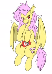 Size: 1451x2048 | Tagged: safe, artist:omegapony16, imported from derpibooru, fluttershy, bat pony, pony, bat ponified, blood, blood pack, blushing, drinking blood, female, flutterbat, mare, race swap, simple background, solo, white background