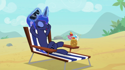 Size: 1920x1080 | Tagged: safe, imported from derpibooru, screencap, princess luna, alicorn, pony, between dark and dawn, alternate hairstyle, beach, beach chair, chair, coconut cup, coconut drink, crossed hooves, crossed legs, eyes closed, eyeshadow, female, glowing horn, hair bun, hooves behind head, horn, levitation, magic, magic aura, makeup, mare, open mouth, reclining, relaxing, satisfied, solo, stupid sexy luna, stupid sexy princess luna, sunglasses, telekinesis, vacation, we don't normally wear clothes