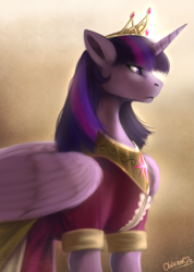 Size: 1415x1991 | Tagged: safe, artist:oblivionheart13, imported from derpibooru, twilight sparkle, alicorn, pony, clothes, coronation dress, crown, dress, female, jewelry, mare, peytral, profile, regalia, solo, twilight sparkle (alicorn)