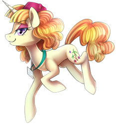 Size: 1370x1470 | Tagged: safe, artist:meotashie, imported from derpibooru, tropical dream, pony, unicorn, background pony, cute, female, hat, lidded eyes, looking at you, mare, name tag, profile, simple background, solo, transparent background