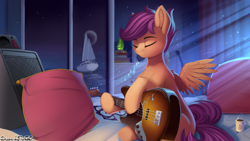 Size: 1920x1080 | Tagged: safe, artist:discordthege, imported from derpibooru, scootaloo, pegasus, pony, bass guitar, bed, commission, eyes closed, female, filly, guitar, music, music notes, musical instrument, night, sailboat, scootabass, sitting, solo