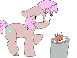 Size: 1600x1200 | Tagged: safe, artist:meme mare, imported from derpibooru, oc, oc only, earth pony, pony, food, meat, nervous, peta, simple background, solo