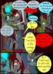 Size: 985x1385 | Tagged: safe, artist:didun850, imported from derpibooru, princess celestia, oc, oc:mad dog, alicorn, pony, unicorn, comic:ask chase the pony, comic, dialogue, female, glowing horn, hair over one eye, hoof shoes, horn, jewelry, magic, male, mare, peytral, royal guard, scar, stallion, telekinesis, throne, tiara