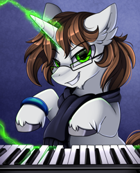 Size: 1424x1764 | Tagged: safe, artist:pridark, imported from derpibooru, oc, oc only, oc:tai, pony, unicorn, bust, clothes, cloven hooves, commission, glasses, glowing horn, green eyes, horn, looking at you, magic, musical instrument, piano, portrait, scarf, smiling, solo, telekinesis, unshorn fetlocks