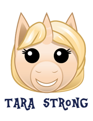 Size: 300x388 | Tagged: safe, artist:samoht-lion, imported from derpibooru, pony, unicorn, bust, emoji, female, grin, mare, ponified, simple background, smiling, solo, tara strong, text, white background