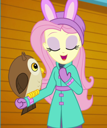 Size: 906x1080 | Tagged: safe, imported from derpibooru, screencap, chad (g4), chad (owl), fluttershy, bird, owl, equestria girls, equestria girls series, holidays unwrapped, spoiler:eqg series (season 2), clothes, coat, cropped, cute, eyes closed, female, fluttershy's winter hat, hat, mittens, open mouth, self-storage facility, shyabetes, winter break-in, winter coat, winter hat, winter outfit