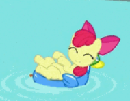 Size: 190x148 | Tagged: safe, imported from derpibooru, screencap, apple bloom, earth pony, pony, twilight time, adorable face, adorabloom, bow, cropped, cute, female, happy, on back, picture for breezies, pool toy, smiling, solo, swimming pool, water