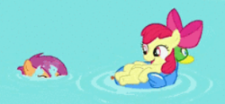 Size: 292x136 | Tagged: safe, imported from derpibooru, screencap, apple bloom, scootaloo, earth pony, pegasus, pony, twilight time, adorable face, adorabloom, bow, cute, happy, on back, peek, peeking, picture for breezies, pool toy, popping out, smiling, swimming, swimming pool, water, wet mane