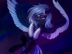 Size: 2000x1500 | Tagged: safe, artist:hakaina, imported from derpibooru, oc, oc only, oc:sirius-b, pegasus, pony, belly, ear fluff, flying, night, night sky, peaceful, sky, solo, two toned wings, wings