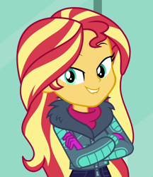 Size: 882x1022 | Tagged: safe, imported from derpibooru, screencap, sunset shimmer, equestria girls, equestria girls series, holidays unwrapped, spoiler:eqg series (season 2), clothes, cropped, crossed arms, cute, female, gloves, jacket, lidded eyes, lip bite, looking at you, she knows, shimmerbetes, smiling, sweater, turtleneck, winter break-in, winter jacket, winter outfit