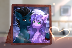 Size: 3000x2000 | Tagged: safe, alternate version, artist:magicbalance, imported from derpibooru, oc, oc:midnight reverie, oc:slashing prices, bat pony, pony, unicorn, bat pony oc, bust, couple, female, heart, horn, male, mare, moon, moonlight, particles, picture, picture frame, portrait, shipping, smiling, stallion, unicorn oc
