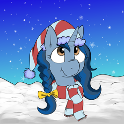 Size: 1200x1200 | Tagged: safe, artist:liserancascade, imported from derpibooru, oc, oc only, oc:high strings, pony, bow, christmas, clothes, hair bow, hat, holiday, santa hat, scarf, snow, snowfall, solo