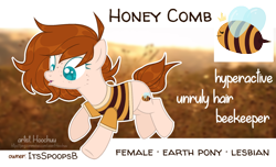 Size: 888x541 | Tagged: safe, artist:hoochuu, imported from derpibooru, oc, oc only, oc:honey comb, earth pony, pony, clothes, cutie mark, female, freckles, mare, reference sheet, shirt, solo, underhoof