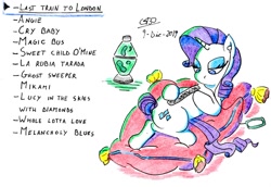 Size: 1024x703 | Tagged: safe, artist:gafelpoez, imported from derpibooru, rarity, pony, earbuds, electric light orchestra, ghost sweeper mikami, guns n roses, janis joplin, lava lamp, led zeppelin, music, music player, nail file, pillow, playlist, queen (band), rock (music), sumo (band), the beatles, the rolling stones, the who, traditional art