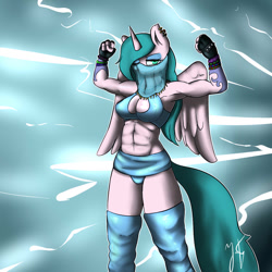 Size: 1280x1280 | Tagged: safe, artist:shadowchisel, imported from derpibooru, oc, oc only, oc:soprano spell, alicorn, anthro, abs, alicorn oc, armpits, breasts, cleavage, female, horn, mare, muscular female, solo, sports, veil, wrestling