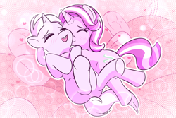 Size: 1772x1181 | Tagged: safe, artist:burgeroise, imported from derpibooru, starlight glimmer, trixie, pony, unicorn, blushing, dialogue, female, lesbian, mare, on side, pony pillow, shipping, side, startrix