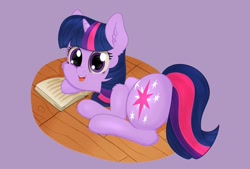 Size: 1088x734 | Tagged: safe, artist:yelowcrom, imported from derpibooru, twilight sparkle, pony, unicorn, book, butt, cheek fluff, female, looking at you, mare, plot, solo