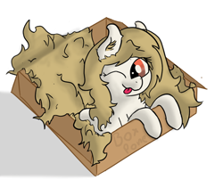 Size: 934x787 | Tagged: safe, artist:poniesmine, imported from derpibooru, oc, oc only, oc:sugarcube corners, earth pony, pony, fallout equestria: dead tree, :p, box, box pone, box pony, brown mane, chest fluff, cute, ear fluff, fluffy, hooves up, hunched, looking at you, muzzle, one eye closed, pone, pony in a box, shading, shadow, solo, tongue out, white fur