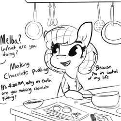 Size: 1080x1080 | Tagged: safe, artist:tjpones, imported from derpibooru, oc, oc only, oc:melba toast, earth pony, pony, bipedal, cooking, dialogue, female, good end, hair net, mare, meme, monochrome, offscreen character, open mouth, rugrats, simple background, subverted meme, white background, wholesome