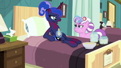 Size: 1920x1080 | Tagged: safe, imported from derpibooru, screencap, nurse sweetheart, princess luna, alicorn, pony, unicorn, between dark and dawn, bed, duo, female, hair bun, hospital, magic, magic aura, mare, pillow, race swap, sunburn, telekinesis