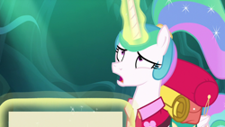 Size: 1920x1080 | Tagged: safe, imported from derpibooru, screencap, princess celestia, alicorn, pony, between dark and dawn, clothes, ethereal mane, female, glowing horn, hawaiian shirt, horn, magic, magic aura, mare, ponytail, shirt, solo, telekinesis, uneasy