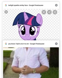 Size: 1080x1350 | Tagged: safe, artist:aryatheeditor, imported from derpibooru, twilight sparkle, human, unicorn, derpibooru, alpha channel, clothes, cursed image, element of magic, funny, google, humanized, juxtaposition, lol, meme, meta, shirt, smiley face, smiling, watch, wide eyes, you know i had to do it to em