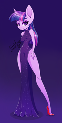 Size: 600x1181 | Tagged: safe, artist:twistedcarrot, imported from derpibooru, twilight sparkle, anthro, plantigrade anthro, unicorn, big ears, blue background, chibi, clothes, disproportional anatomy, dress, female, gradient background, high heels, long legs, looking at you, mare, shoes, short arms, side slit, simple background, total sideslit, unicorn twilight, vacuum sealed clothing, wasp waist