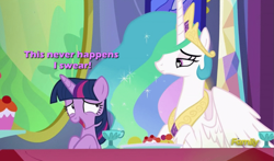 Size: 973x571 | Tagged: safe, edit, edited screencap, imported from derpibooru, screencap, princess celestia, twilight sparkle, alicorn, pony, no second prances, nervous, text, twilight sparkle (alicorn)