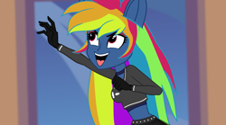 Size: 4321x2409 | Tagged: safe, artist:galacticflashd, derpibooru exclusive, imported from derpibooru, screencap, rainbow dash, equestria girls, secrets and pies, adorapiehater, breasts, busty rainbow dash, clothes, evil pie hater dash, female, gloves, long gloves, makeup, reaching, reaching out, short shirt, show accurate, skirt, solo