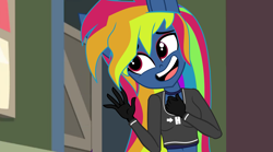 Size: 4321x2409 | Tagged: safe, artist:galacticflashd, derpibooru exclusive, imported from derpibooru, screencap, rainbow dash, equestria girls, secrets and pies, adorapiehater, breasts, busty rainbow dash, clothes, evening gloves, evil pie hater dash, female, gloves, long gloves, makeup, open mouth, shirt, short shirt, show accurate, solo, talking, waving