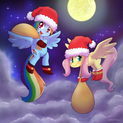 Size: 1000x1000 | Tagged: safe, artist:empyu, imported from derpibooru, fluttershy, rainbow dash, pegasus, pony, christmas, cloud, cloudy, cute, dashabetes, duo, female, flying, full moon, hat, holiday, mare, moon, ribbon, sack, santa hat, santa sack, shyabetes, stars