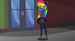 Size: 4321x2409 | Tagged: safe, artist:galacticflashd, derpibooru exclusive, edit, edited screencap, imported from derpibooru, screencap, rainbow dash, equestria girls, secrets and pies, adorapiehater, breasts, busty rainbow dash, clothes, cute, dashabetes, evil pie hater dash, female, high heels, miniskirt, open mouth, pantyhose, shoes, short shirt, skirt, smiling, solo, zettai ryouiki