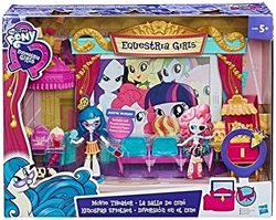 Size: 500x398 | Tagged: safe, imported from derpibooru, applejack, fluttershy, juniper montage, pinkie pie, rainbow dash, rarity, twilight sparkle, pony, equestria girls, movie magic, spoiler:eqg specials, box, doll, equestria girls logo, equestria girls ponified, food, glasses, humane five, humane six, movie, my little pony logo, ponified, popcorn, theater, toy, twilight sparkle (alicorn)